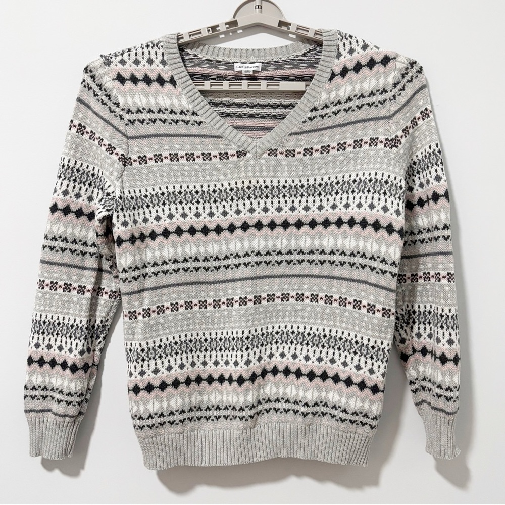 Croft & Barrow V-Neck Fair‎ Isle Sweater Womens Size XXL Pink Gray Long Sleeve